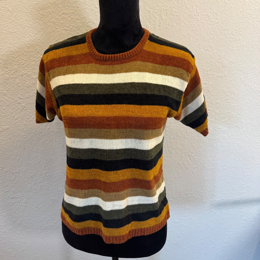 Vintage TR Bentley Striped Short Sleeve Knit Sweater Earth Tones Medium